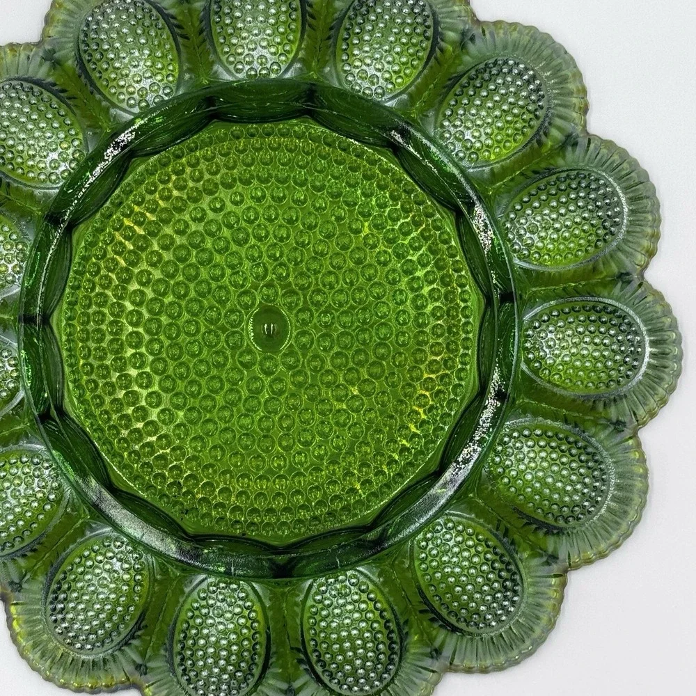 Vintage Indiana Glass Deviled Egg Plate Carnival Green Hobnail 11